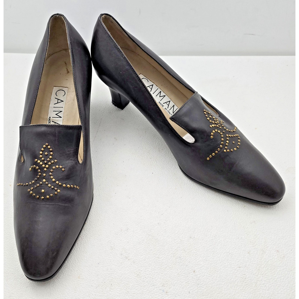 VTG Caiman Brand Brown Leather French Pilgrim Studded Heels 6.5-7/37 Made Italy